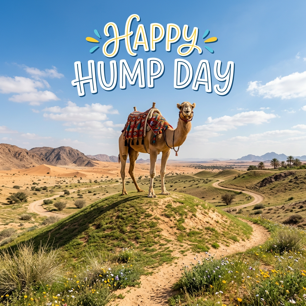 Camel with colorful saddle standing on green dune in desert landscape with blue sky