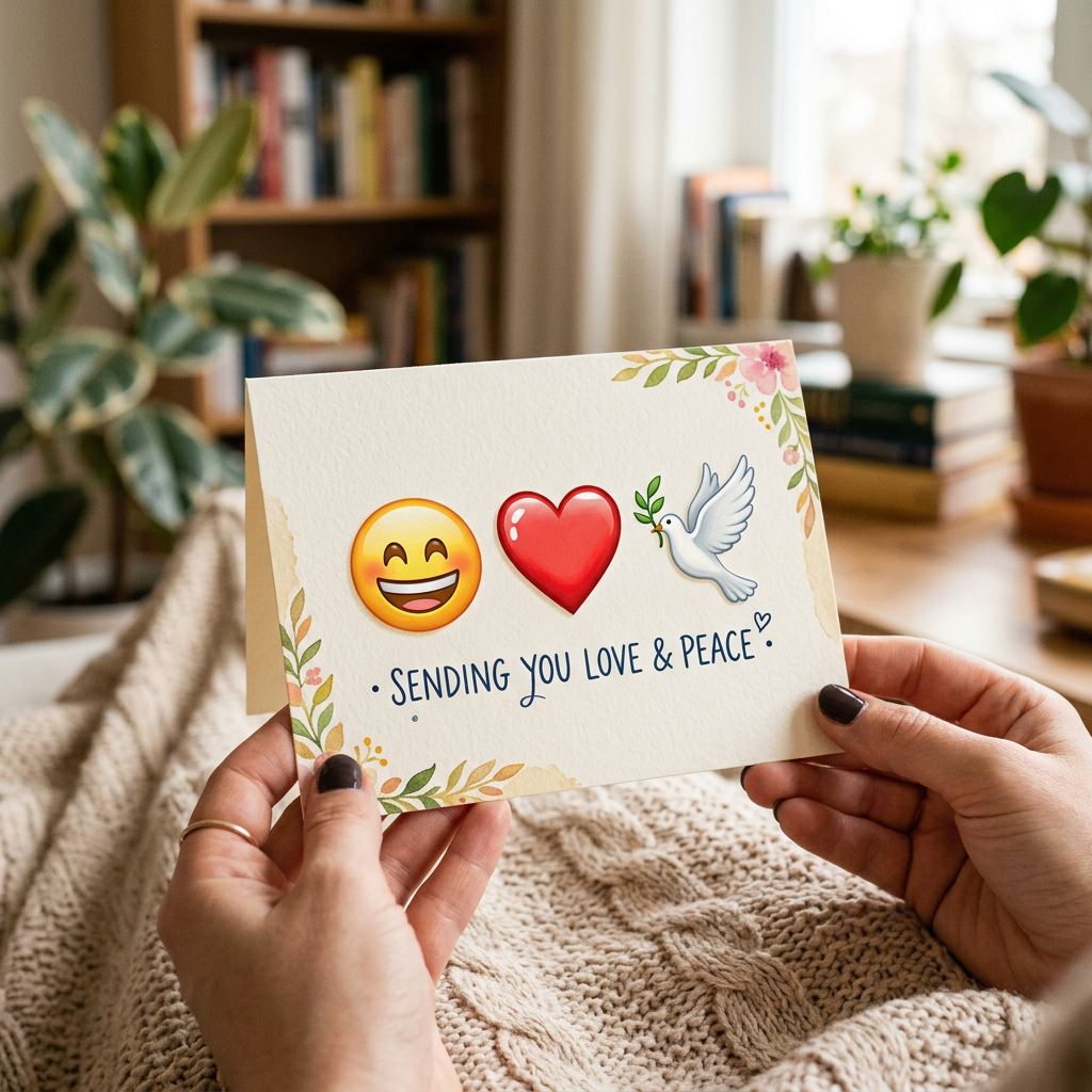 Card with smiling face, heart, dove emojis and text 'Sending you love & peace'