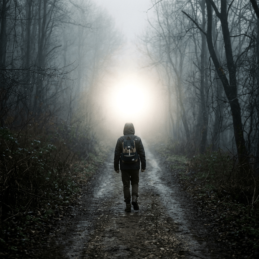 Person walking on muddy forest path toward bright glowing light
