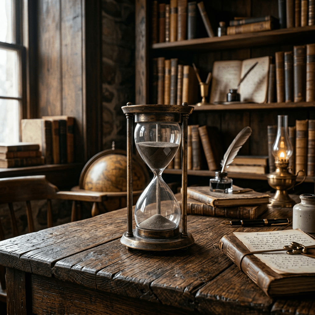 Brass hourglass on wooden table with books, quill, and lamp in vintage study