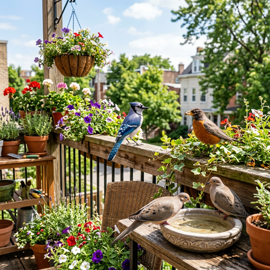 Blue Jay and Robin perched on balcony railing with two Mourning Doves near birdbath surrounded by colorful flowers