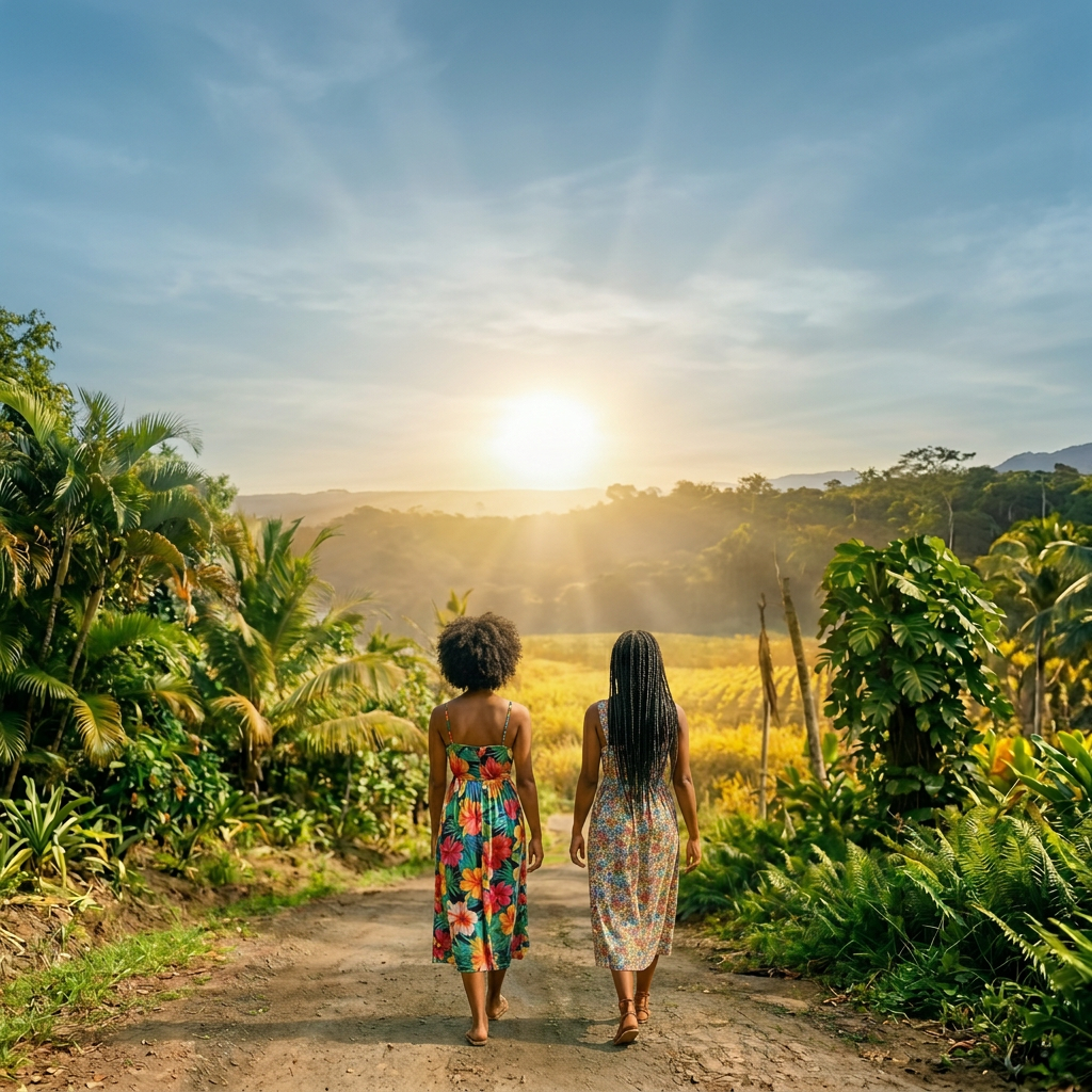 Two women walking barefoot on a dirt path surrounded by tropical plants with the ocean in the background