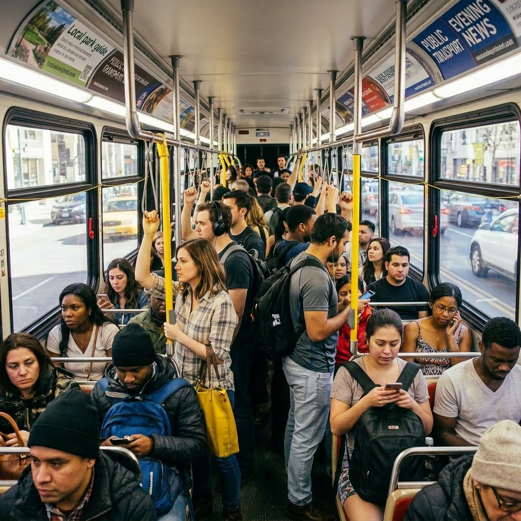Crowded city bus interior with diverse passengers standing and sitting, some using phones