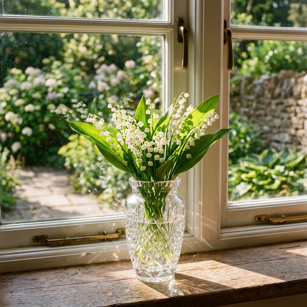 Crystal vase with lily of the valley flowers on a wooden windowsill in sunlight