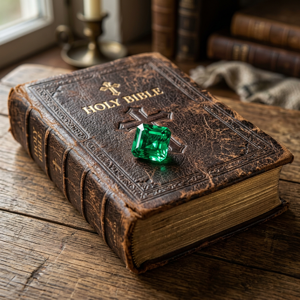 Antique Holy Bible with intricate cover design and a green emerald gemstone placed on top