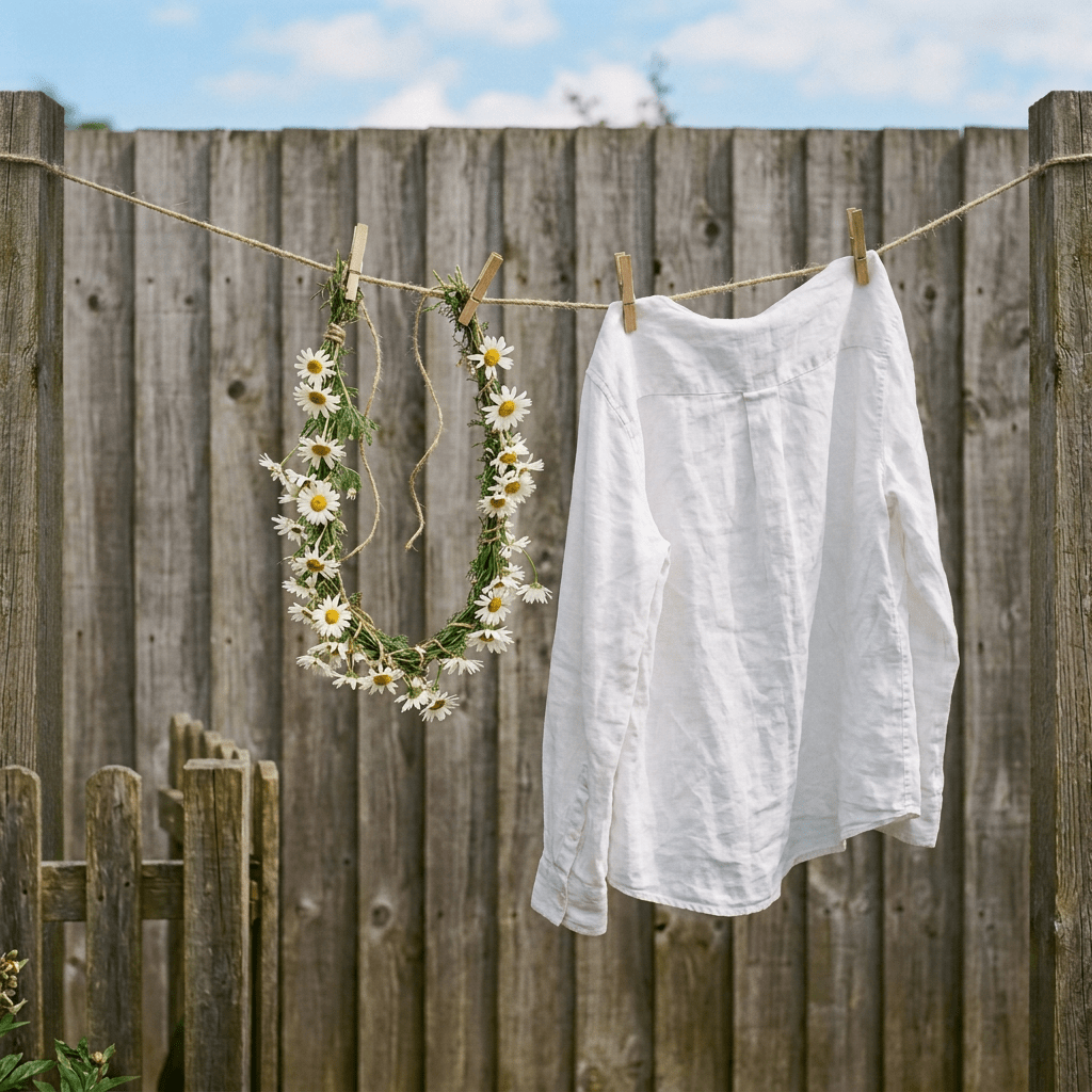 White long-sleeve shirt and daisy flower crown hanging on a clothesline outdoors